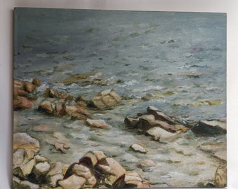 海と岩の風景 油彩画ガラス無し