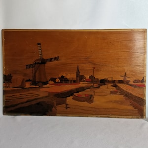 Vintage inlaid wooden village view with windmills canal church 1950s Antique inlaid wood | old Dutch landscape inlaid panel | Dutch village