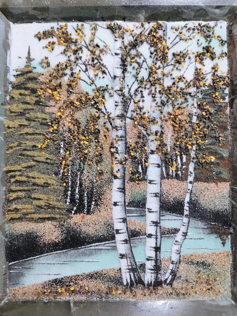 Vintage Marble Painting Landscape Stone and Sand 1960s Folk Art Marble