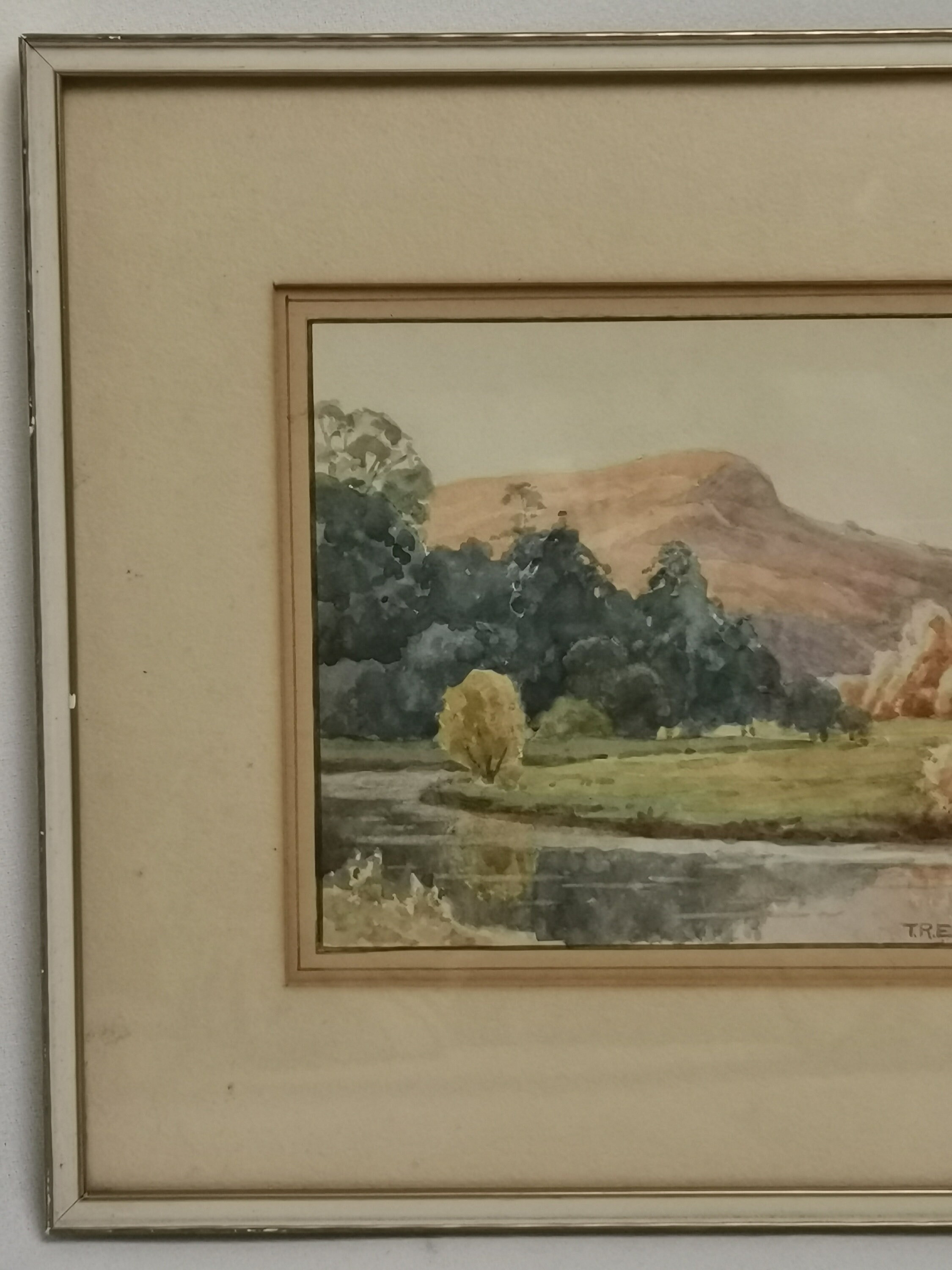 Antique Small Watercolor Landscape With Mountain Trees and River in ...