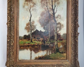 Dipinto antico originale, paesaggio olandese con casale in riva all'acqua, di JR Wijk, incorniciato, anni '40, olio su tela | Dipinto antico con barca a remi