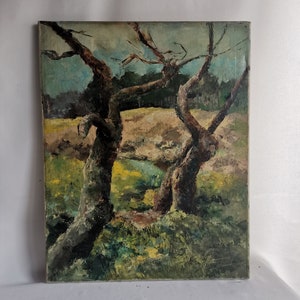 Antique original oil painting landscape irregularly shaped trees 1940s oil on canvas | Antique landscape fields and trees | Painting tree