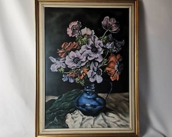 Original chalk drawing flower still life ranunculus in a blue vase by L Groeneveld in gold and white frame 1950s Vintage framed pastel