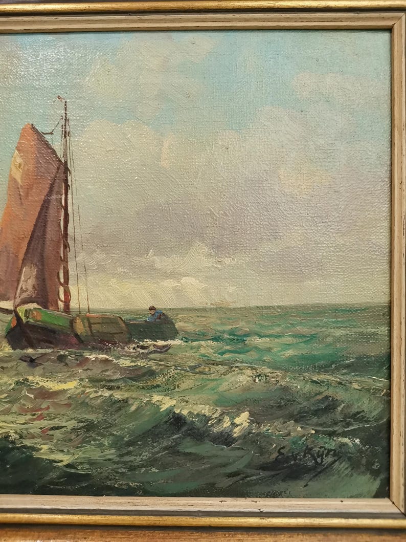 Antique Original Painting Bomb Barges on Sea Sailboat on the Coast E V