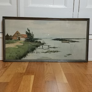 Opera d'arte originale antica, paesaggio con fattoria sull'acqua, Kircher in cornice, anni '30, tecnica mista su carta | pittura antica