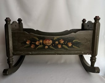 Antique swing dolls bed hand painted with flowers and winter scene 1940s Antique dolls cradle | Antique doll bed folk art Rocking doll crib