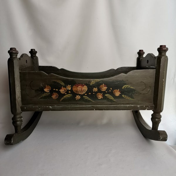 Antique swing dolls bed hand painted with flowers and winter scene 1940s Antique dolls cradle | Antique doll bed folk art Rocking doll crib