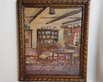 Vintage embroidery old Dutch interior in demi point in oak frame 1970s Framed embroidery 17th century merchant interior Dutch interior