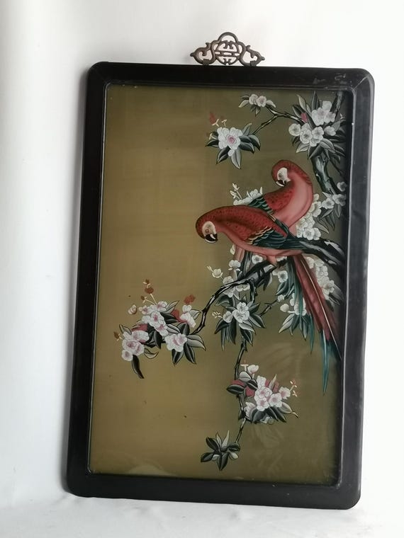 Antique Chinese Original Reverse Painted Painting Red Parrots and