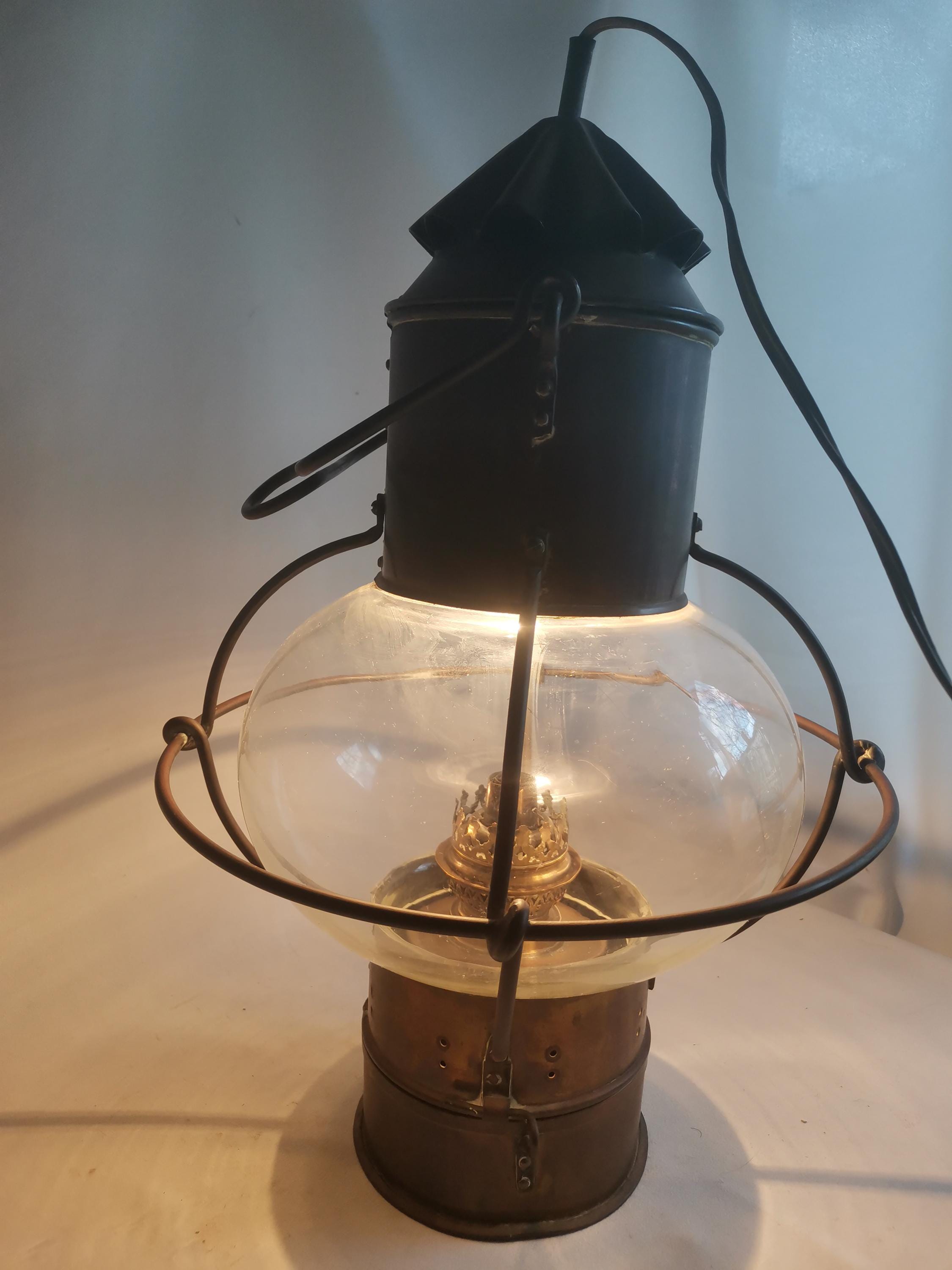 1900年代のアンティーク銅製大型電化船舶用オイルランプ｜丸型船舶用