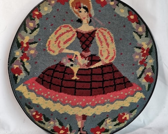 Vintage large embroidery woman in ball gown or party dress 1950s Antique wool needlepoint in demi point | Colorful embroidery girl's room