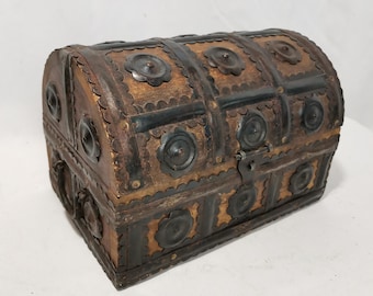 Vintage wooden box with a domed lid decorated with metal bands and applications 1960s Indian folk art box