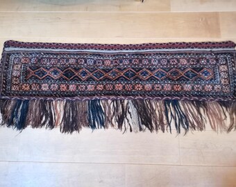 1x5 foot Torba Hand-knotted wool rug from Turkmenistan Afghanistan 1900s Antique rug with geometric patterns in brown and orange fringes