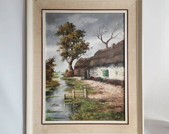 Vintage original oil painting farm and stable on the water Johan de Jager in frame 1950s Oil on canvas | View of farm | Polder view