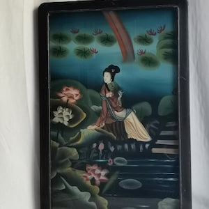 アンティークの中国製オリジナル裏面塗装済み絵画「水辺の女性と睡蓮