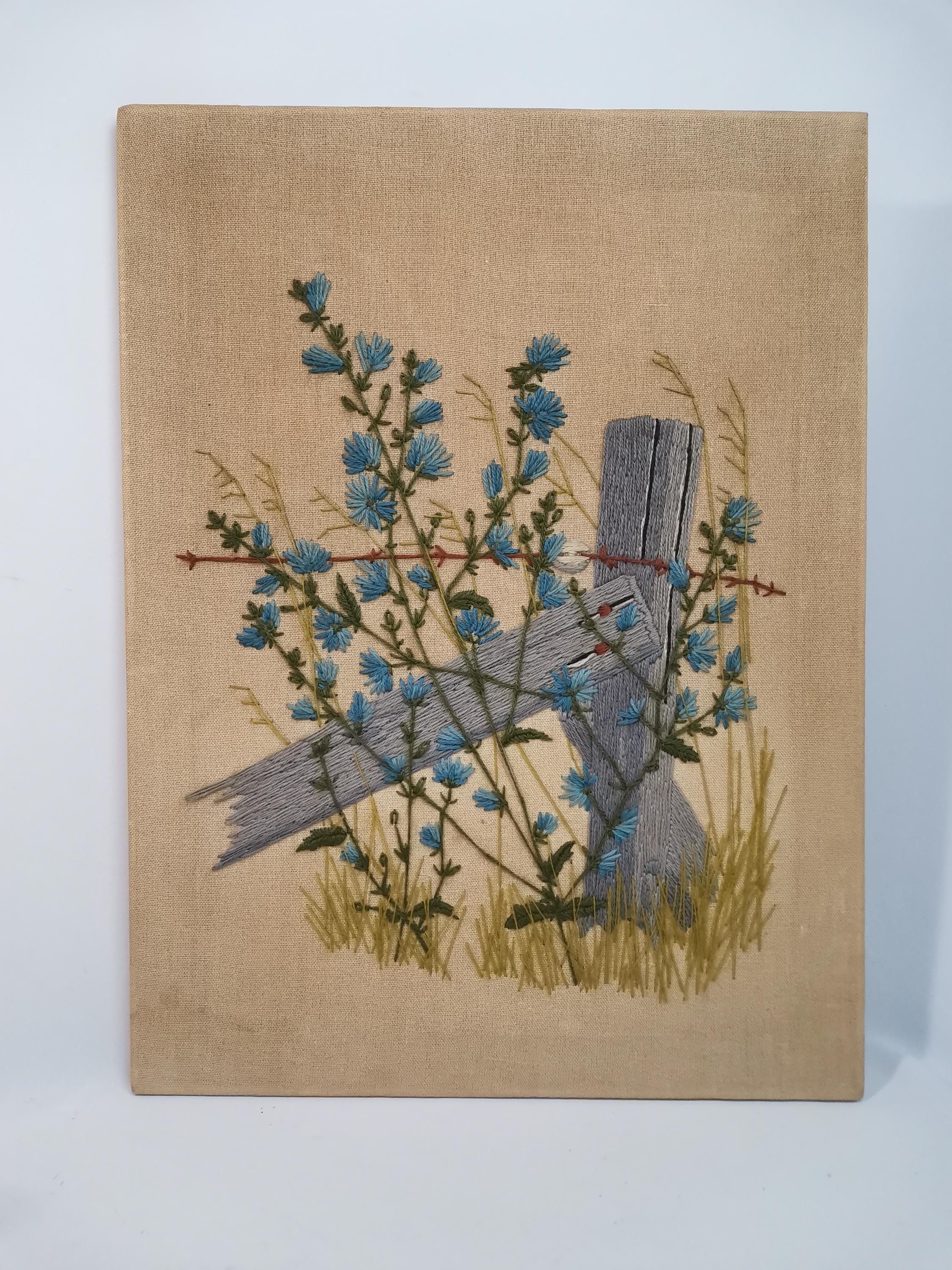 Vintage handmade embroidery cornflowers by a fence 1970s Embroidered glowers | Crewel embroidery flowers | Embroidery wildflowers blue