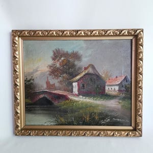 Small antique original painting landscape with stone bridge and house at the water in frame 1920s Oil on canvas | Dutch landscape painting