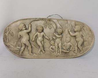 Antique panel with cherubs MCL Deflamencourt 1930s Antique carved panel putti angels | Antique art cherubs sculpture marble | Wall sculpture