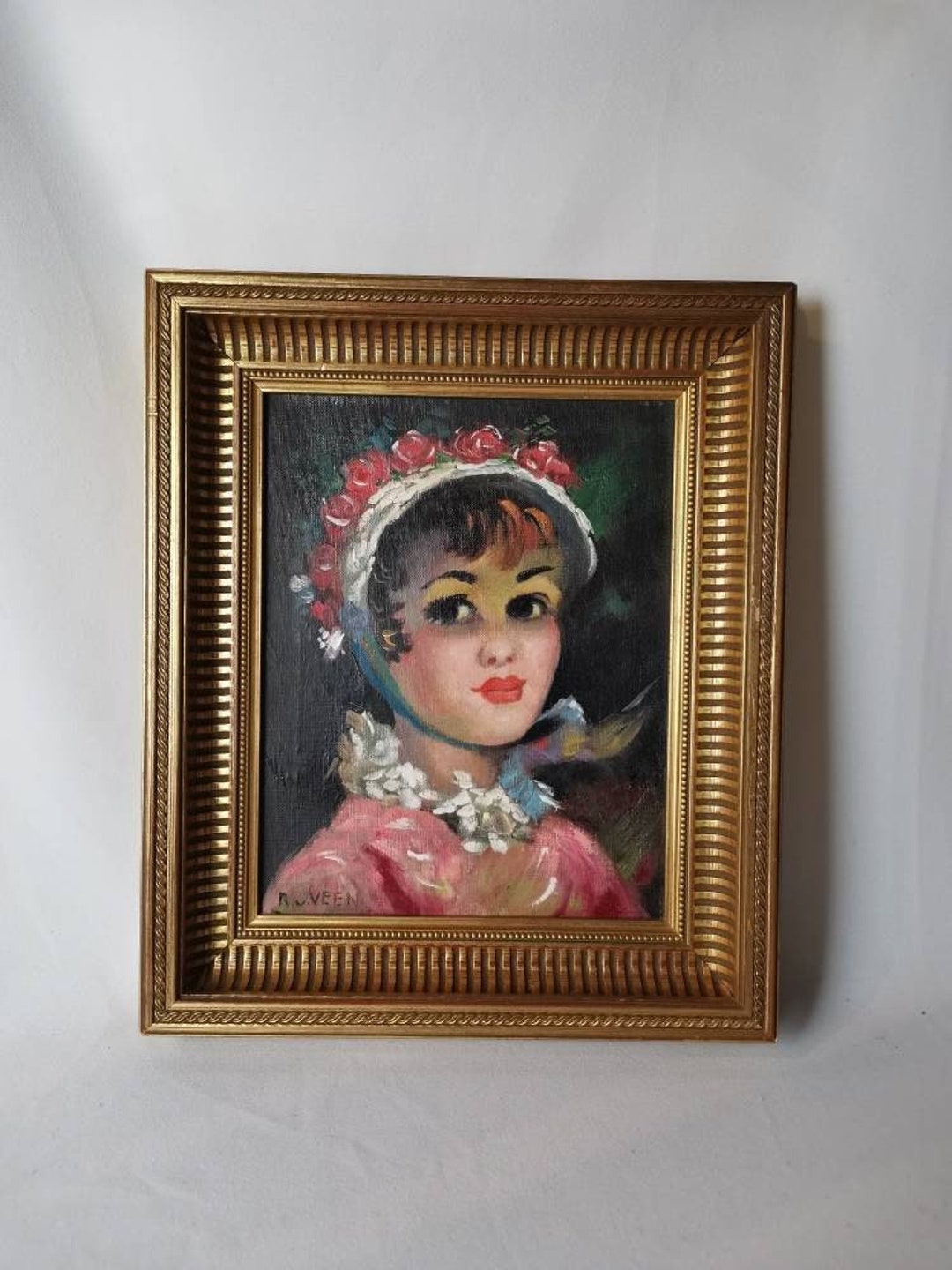 Vintage Original Painting Portrait Girl Dressed in Pink With White Cap ...