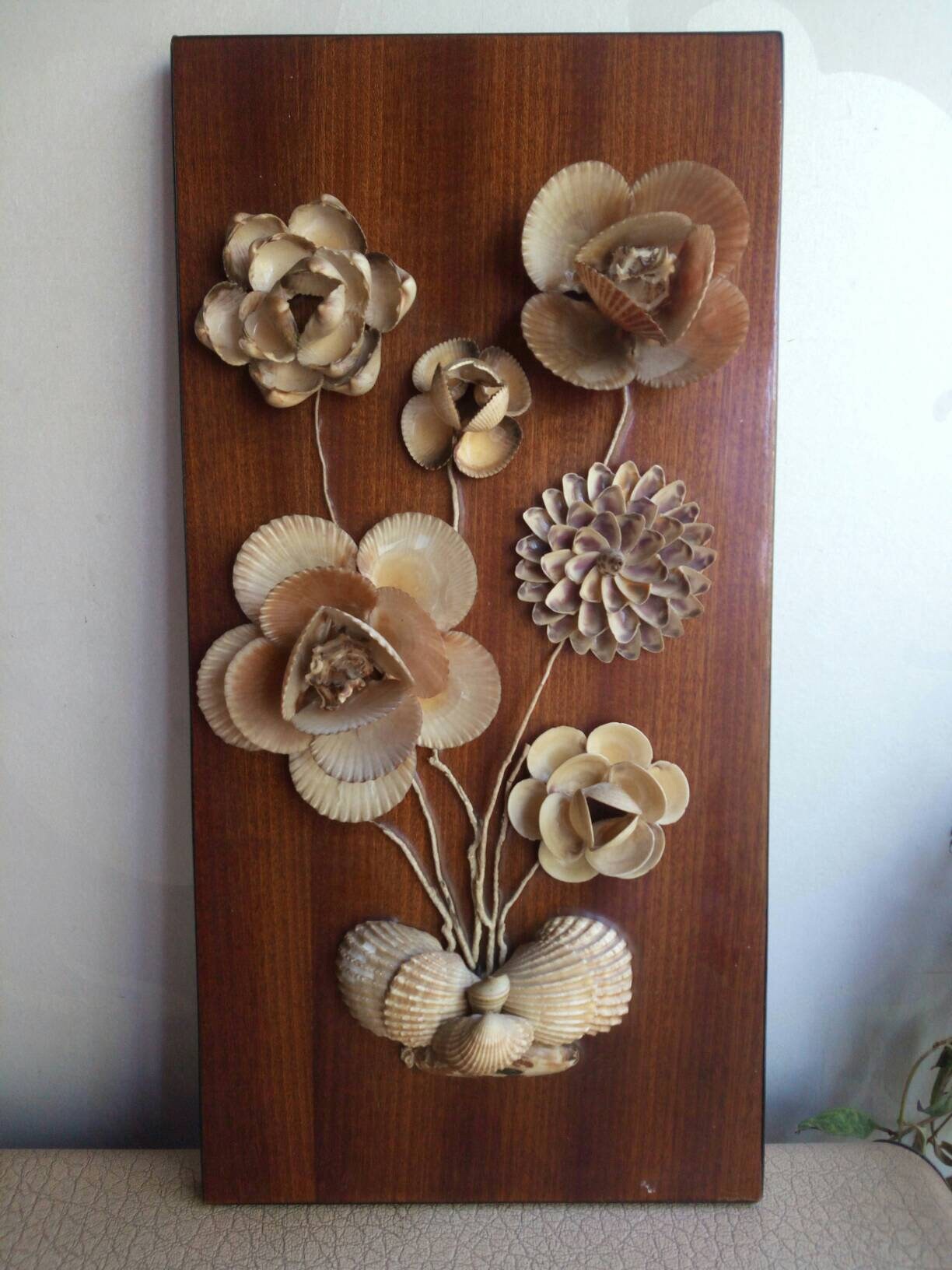 Vintage Shells Painting 1960s Teak Panel With Clams, Coral, Horn
