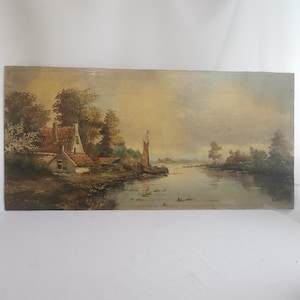 Antique original painting landscape with farm at the water Boekholt 1920s oil on panel | Antique Dutch landscape with sailing boat