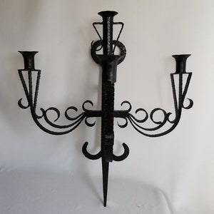 Large vintage wrought iron wall sconce for four candles 1960s Large candle holder castle knight Gothic | Ironwork candle holder wall mounted