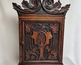 Small antique oak cabinet with carvings Art Nouveau 1900s Antique Jugendstil oak cabinet | Antique smoking apothecary  medicine cabinet