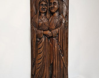 Statua vintage della Vergine Maria e di sua nipote Elisabetta, anni '80 Scultura della Visitazione secondo l'intaglio in legno di Notre-dame de Chartres | Immagine Maria