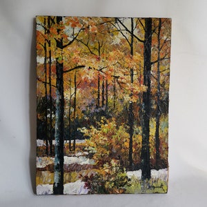 Vintage painting autumn forest landscape Noparat Livisiddhi pasty painted 1970s oil on canvas | Painting autumn colors | Painting trees