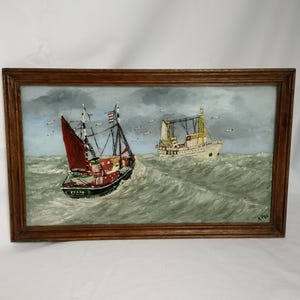 Vintage-Originalgemälde, Fischerboot Frank und Krankenhauskirchenschiff de Hoop im Rahmen, 1980er-Jahre-Malerei auf und unter Glas | Nautische Darstellung