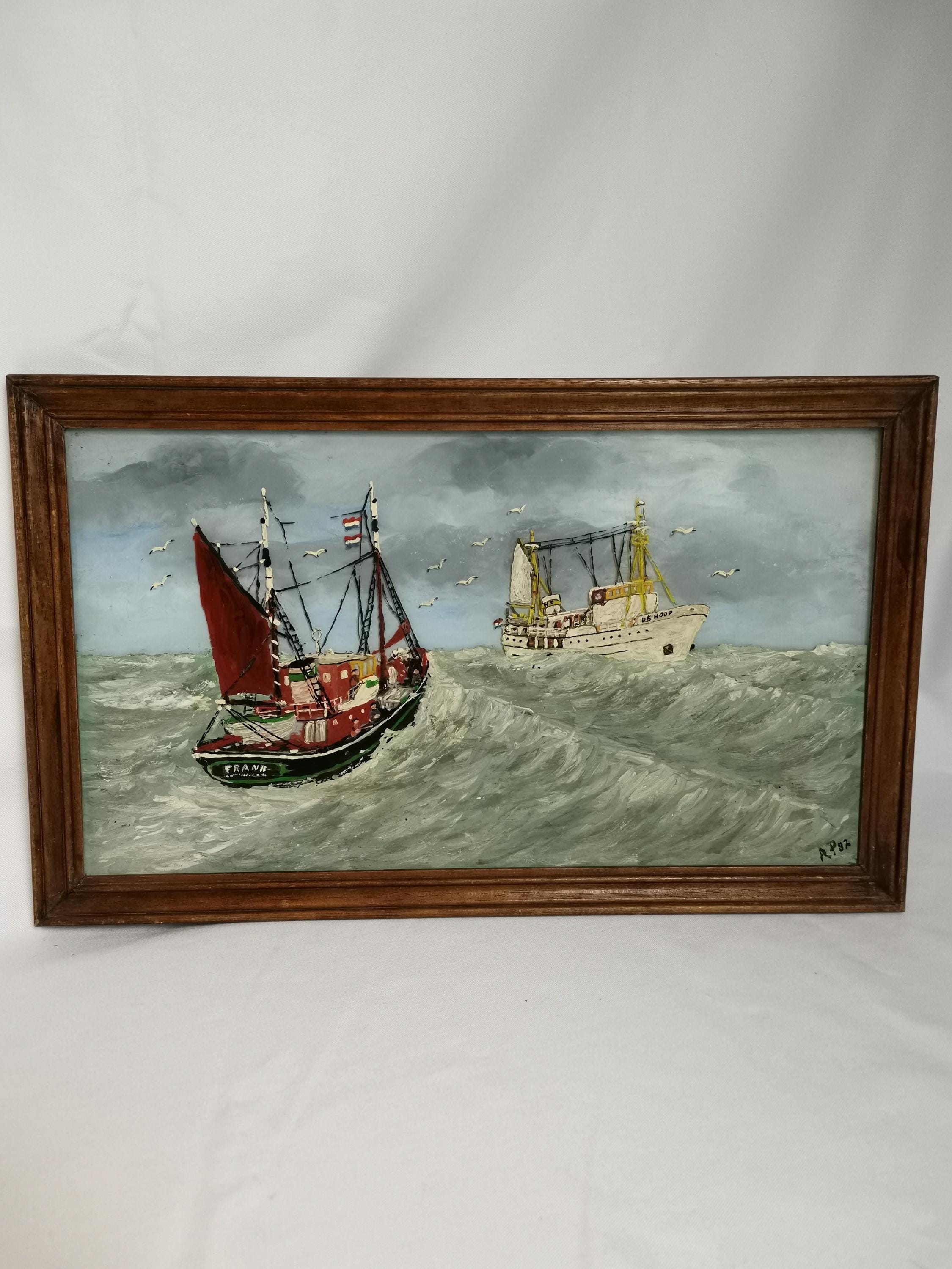油絵 絵画 額縁 インテリア アンティーク 船 Vintage original painting fishing boat Frank and hospital church