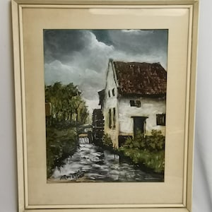 Vintage painting landscape with watermill in frame 1950s oil or gouache on paper | Framed landscape with farm and watermill and dark clouds
