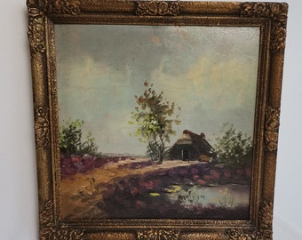 Small antique painting landscape with heath stabel and fen in gold ornament frame 1920s Oil on panel | Framed painting heather landscape