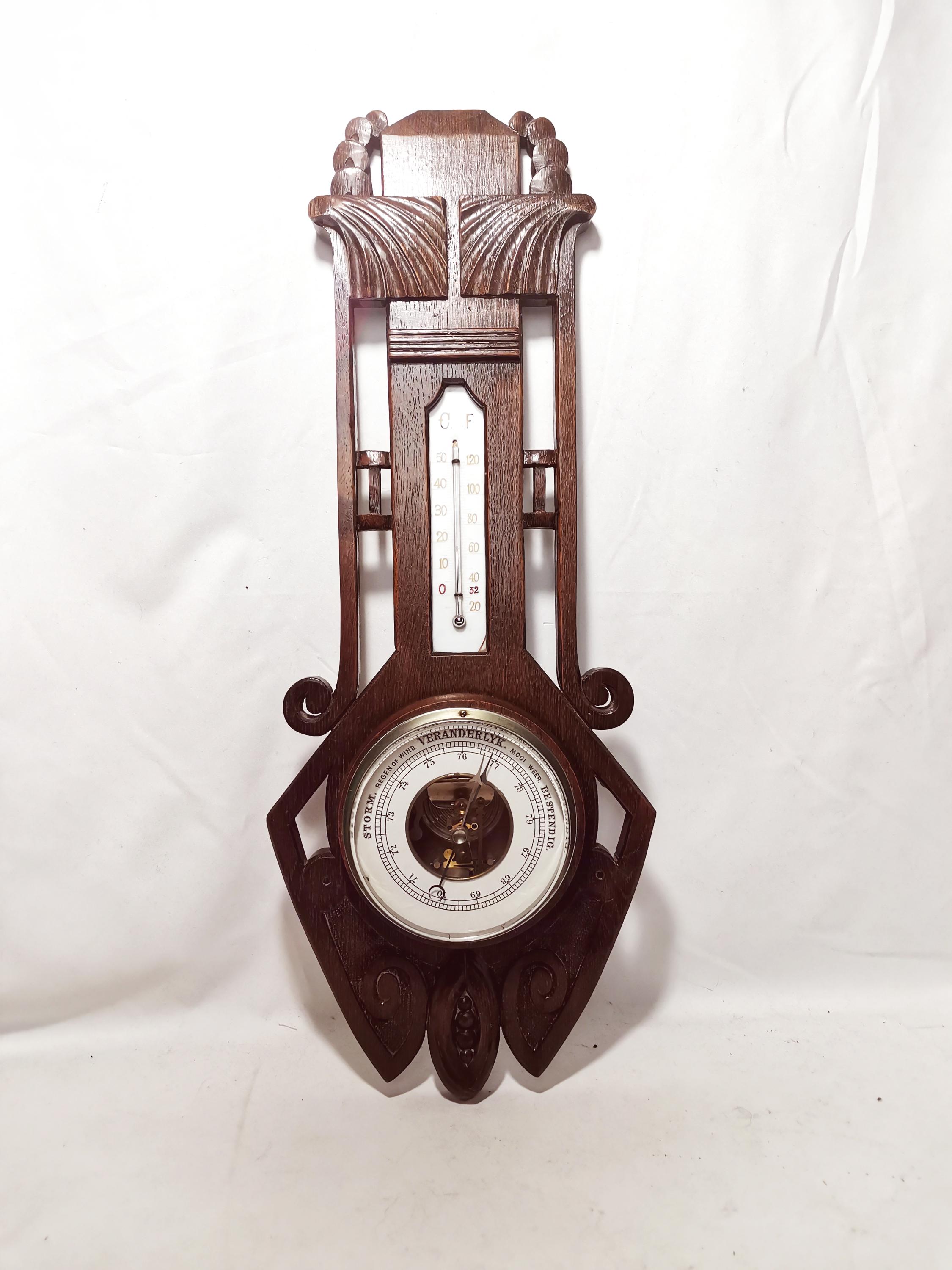 Antique Art Deco Weather Station With Wood Carving Dutch 1920s