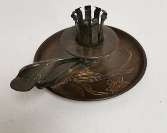 Candelabro de cobre antiguo con motivo floral 1900 Art Nouveau Jugendstil | Candelabro antiguo pequeño con asa | Candelabro bajo en cobre