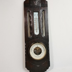 Antique Art Deco weather station made of dark oak in Dutch langurage 1910s Wood barometer thermometer | Antique wood carving barometer