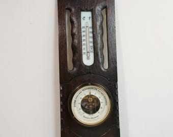 Station météo Art déco ancienne en chêne foncé, hollandaise, années 1910 | Baromètre-thermomètre en bois | Baromètre ancien sculpté dans le bois - France