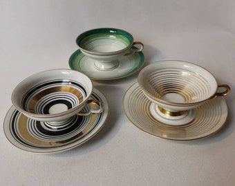 Set of 3 antique small cup and saucers white with stripes and gold Arzberg Bavaria PA 1940s Art deco coffee cups striped gold