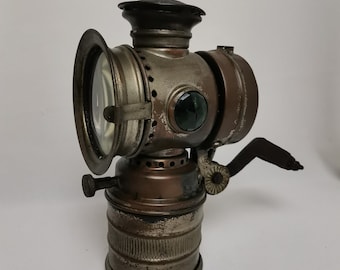 Antique carbide bicycle lamp with green and red glass Super Scout 1920s Antique carbide lantern for bicycle | Antique carbide lamp for bike