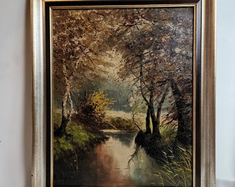 Antique original oil painting forest landscape trees on the water Scheffers in frame 19540s oil on canvas |  Antique painting landscape tree