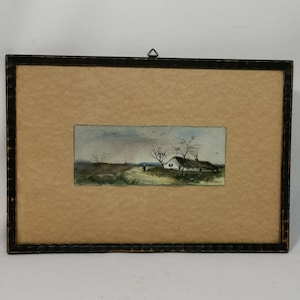 Antieke originele aquarel boerderij op de heide A Bruin in houten lijst 1940s Antieke aquarel boerderij ingelijst