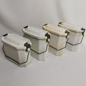 Antique set of enamel tins with inner container and handle for stock or lunch cream white and yellow 1940s Antique enamel tins