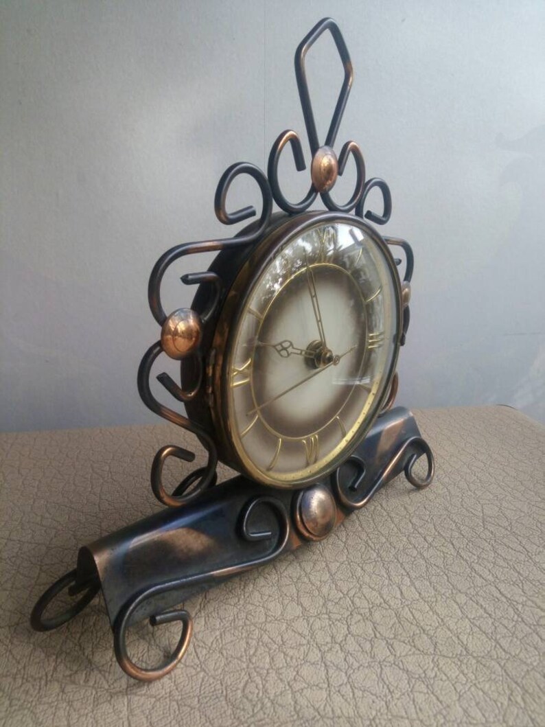 Antique Copper Table Clock With Curled Ironwork 1940s Art Etsy