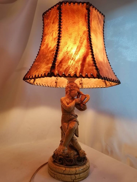 Vintage Lamp Cherub With Harp of Cast Resin Polystone Table Lamp