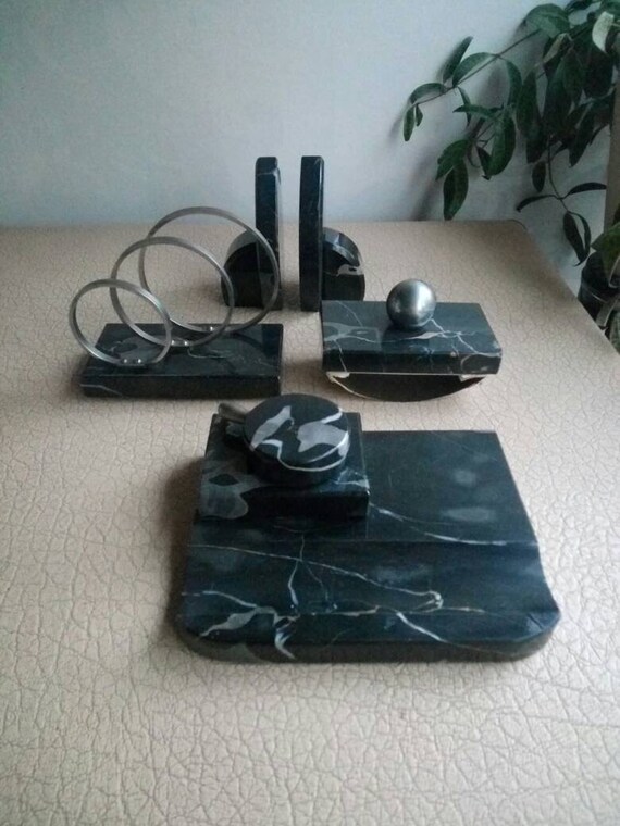 Antique Art Deco Black Marble Desk Set Ink Letter Holder Antique Art Deco Black Marble Desk Set