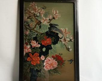 Antiek Chinees origineel omgekeerd geschilderd schilderij eksters met bloemen bloesem in zwart gelakte lijst 1940s verf op glas vogels