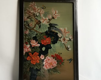 Pies de peinture peintes inversées originales chinoises antiques avec des fleurs en fleurs dans un cadre laqué noir des années 1940, peinture sur des oiseaux en verre