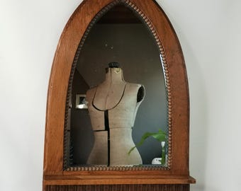 Antique oak art deco mirror facet cut with pearl rim curved top gothic 1930s Art deco wall mirror for hall or hallway | Gotic mirror arch