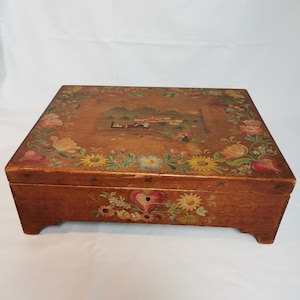 Antique wooden sewing box with colorful painting flowers and mountain village 1930s Folk art sewing box | Flowered sewing box | Flowered box