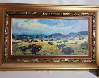 Grand vintage original peinture à l’huile paysage savane Kobus Kotze dans cadre ornemental années 1990 huile sur panneau Peinture Afrique du Sud